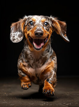 一只快乐的巴吉度犬向相机跑去
