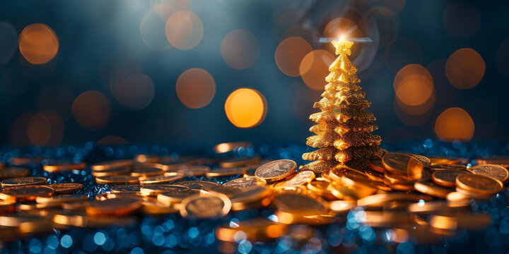 金色圣诞树立在金币堆上