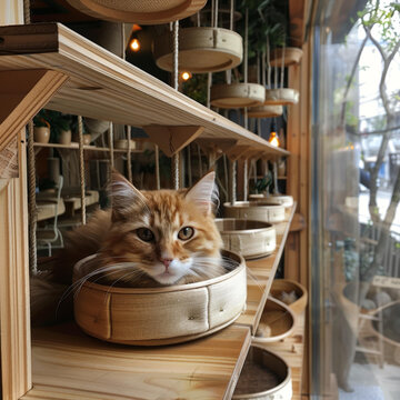 一只姜黄色猫咪坐在猫咖的木碗里