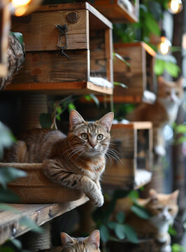 姜黄色猫咪在猫咖的木盒子里休息