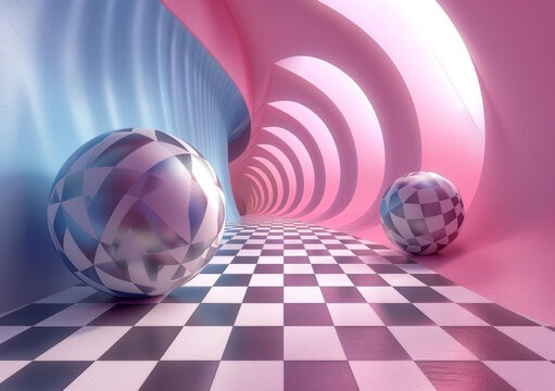 粉蓝相间的棋盘格隧道和球体