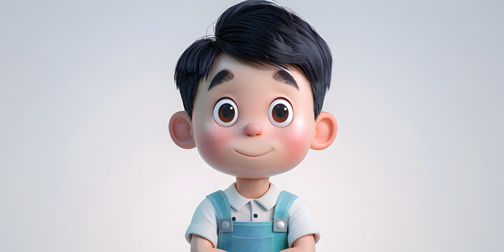 一个可爱的黑头发和棕色眼睛的卡通男孩的 3D 渲染图，穿着白色衬衫和蓝色背带裤