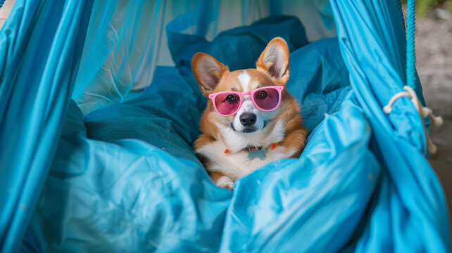 一条戴着太阳镜的可爱柯基犬躺在蓝色吊床上