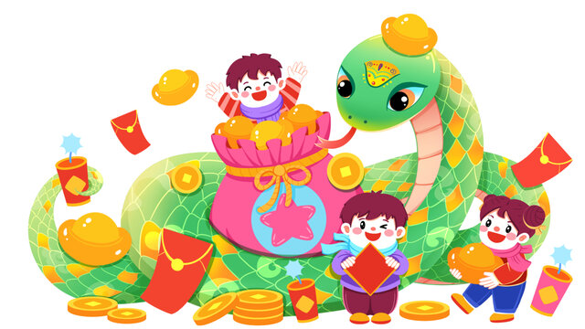 青蛇年新年春节福娃贺岁插画元素