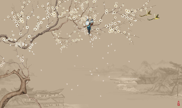 手绘梅花背景墙