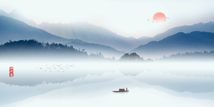 烟雨江南山水画