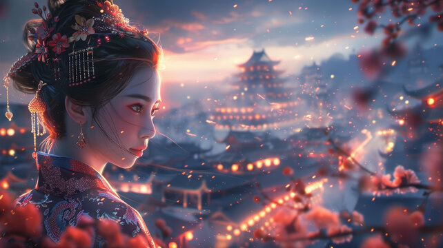 身穿中国传统服饰的女子在夜幕降临的城市中