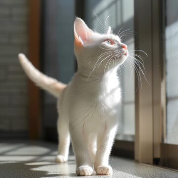 一只白色的猫正在窗户旁看着外面