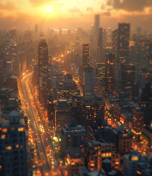 夕阳下的城市天际线俯瞰图