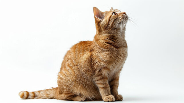 一只姜黄色猫咪坐在白色背景上并向上看
