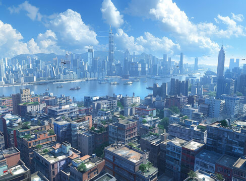 未来亚洲城市全景俯瞰图