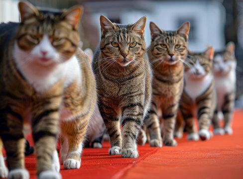 一群猫在红地毯上行走
