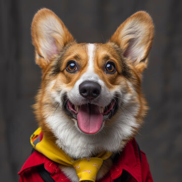 一只穿着红色衬衫和黄色围巾的快乐柯基犬