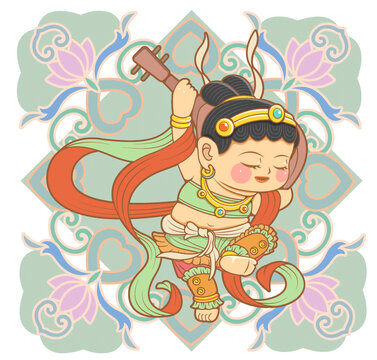 敦煌飞天国潮乐器人物矢量插画