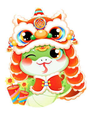 新年春节蛇年青蛇醒狮蛇舞狮插画