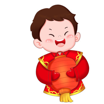 可爱新年抱着灯笼的男孩