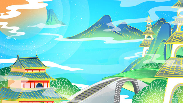 国潮风山水建筑场景插画