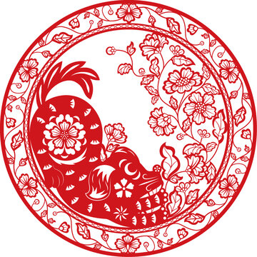 生肖狗花朵纹样圆形剪纸插画
