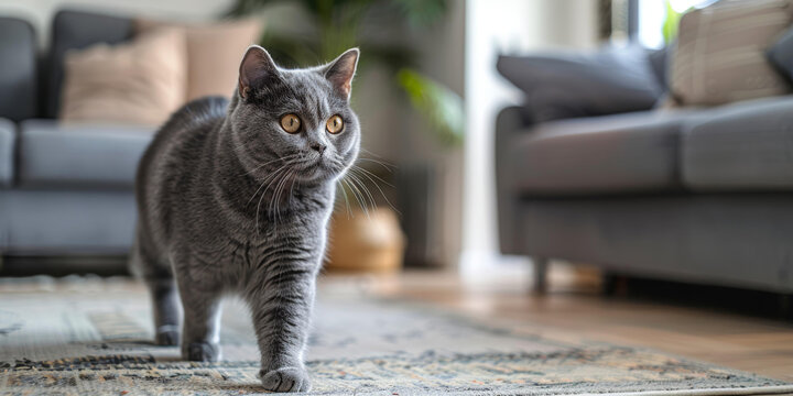 一只灰色的英国短毛猫正在客厅的地毯上行走