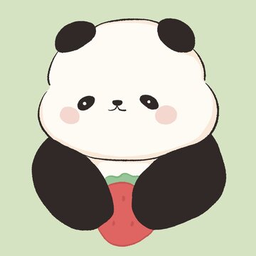 可爱熊猫抱着草莓动物图案卡通插画