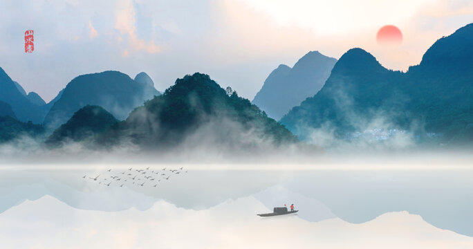 烟雨江南中国风水墨山水画