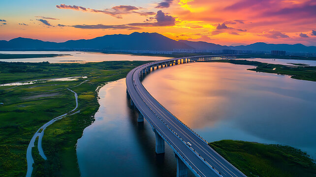 夕阳下的公路桥与河流全景