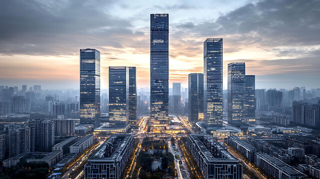 晨曦下的现代都市天际线全景