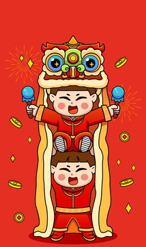 舞狮可爱插画