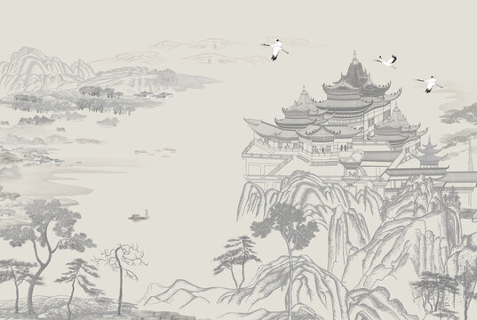 线描阁楼亭台背景墙