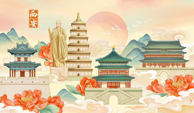 西安古建筑国风插画