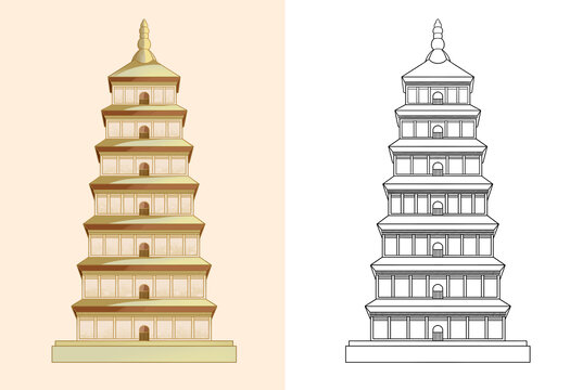 西安古建筑大雁塔线描图