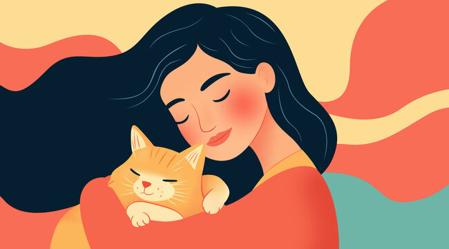 手绘插画抱着猫咪的可爱女孩