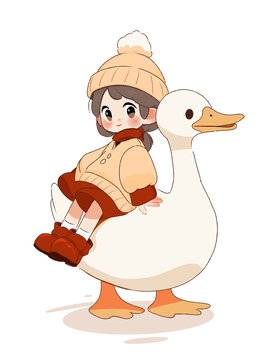坐在鸭子背上的小女孩