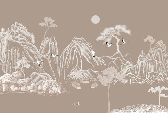白描线条山水画