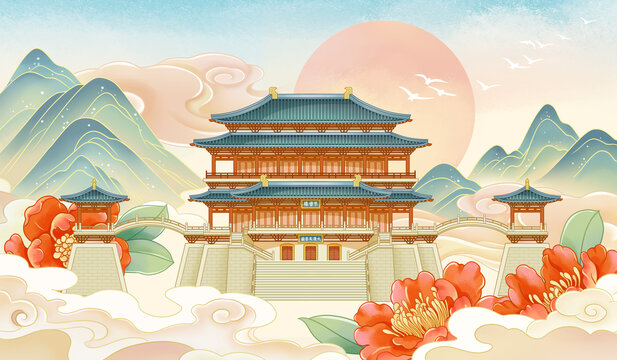 西安大唐芙蓉园古建筑插画