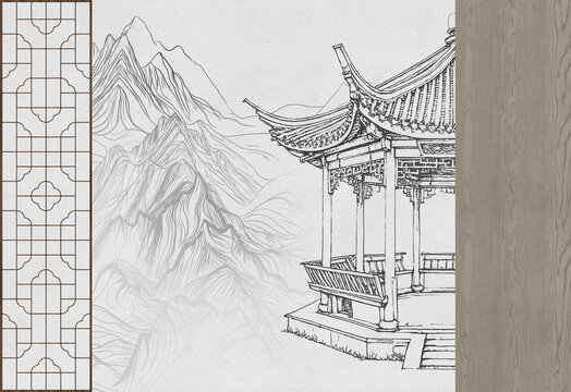 墙板花格山水阁楼背景墙