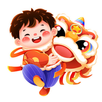 新年春节福娃舞狮插画