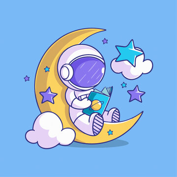 可爱宇航员月亮看书Q版儿童插画