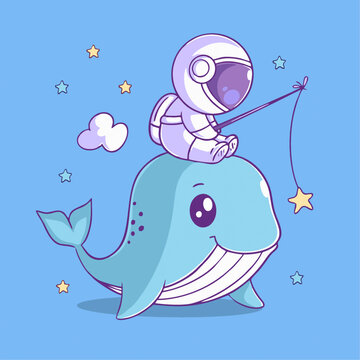 可爱宇航员鲸钓鱼Q版儿童插画