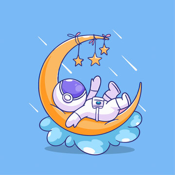 可爱宇航员月亮船睡觉Q版儿童插画