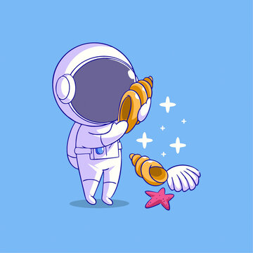 可爱宇航员海螺海星Q版儿童插画