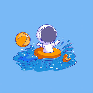 可爱宇航员游泳圈水球Q版儿童插画
