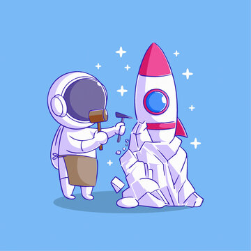 可爱宇航员雕塑火箭Q版儿童插画