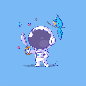 可爱宇航员海盗弯刀鹦鹉Q版儿童插画