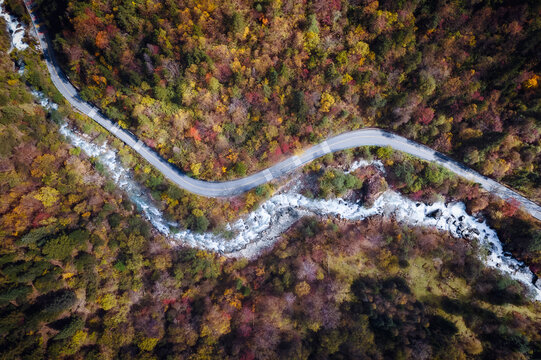 航拍川西彩林溪流