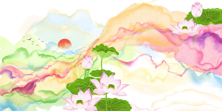 中式彩墨荷花意境插画