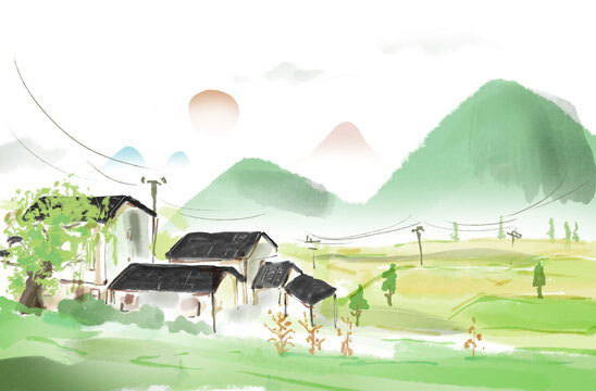 美丽乡村水墨插画