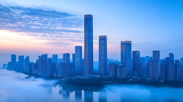 晨雾中的城市风景线