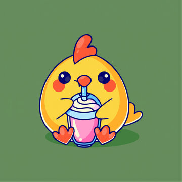 可爱小黄鸡奶茶Q版儿童插画