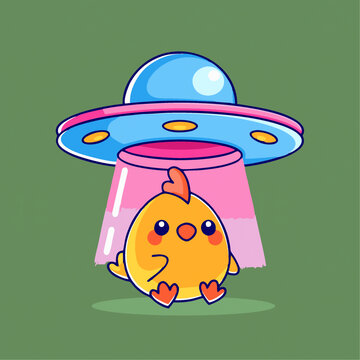 可爱小黄鸡ufo飞碟Q版儿童插画